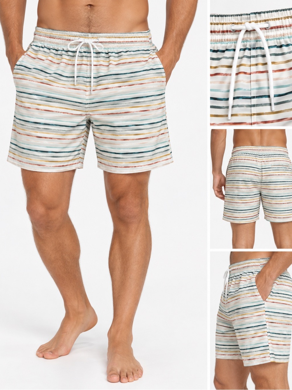Current Tyed White Striped Men’s Swim Shorts with Drawstring Waist size large